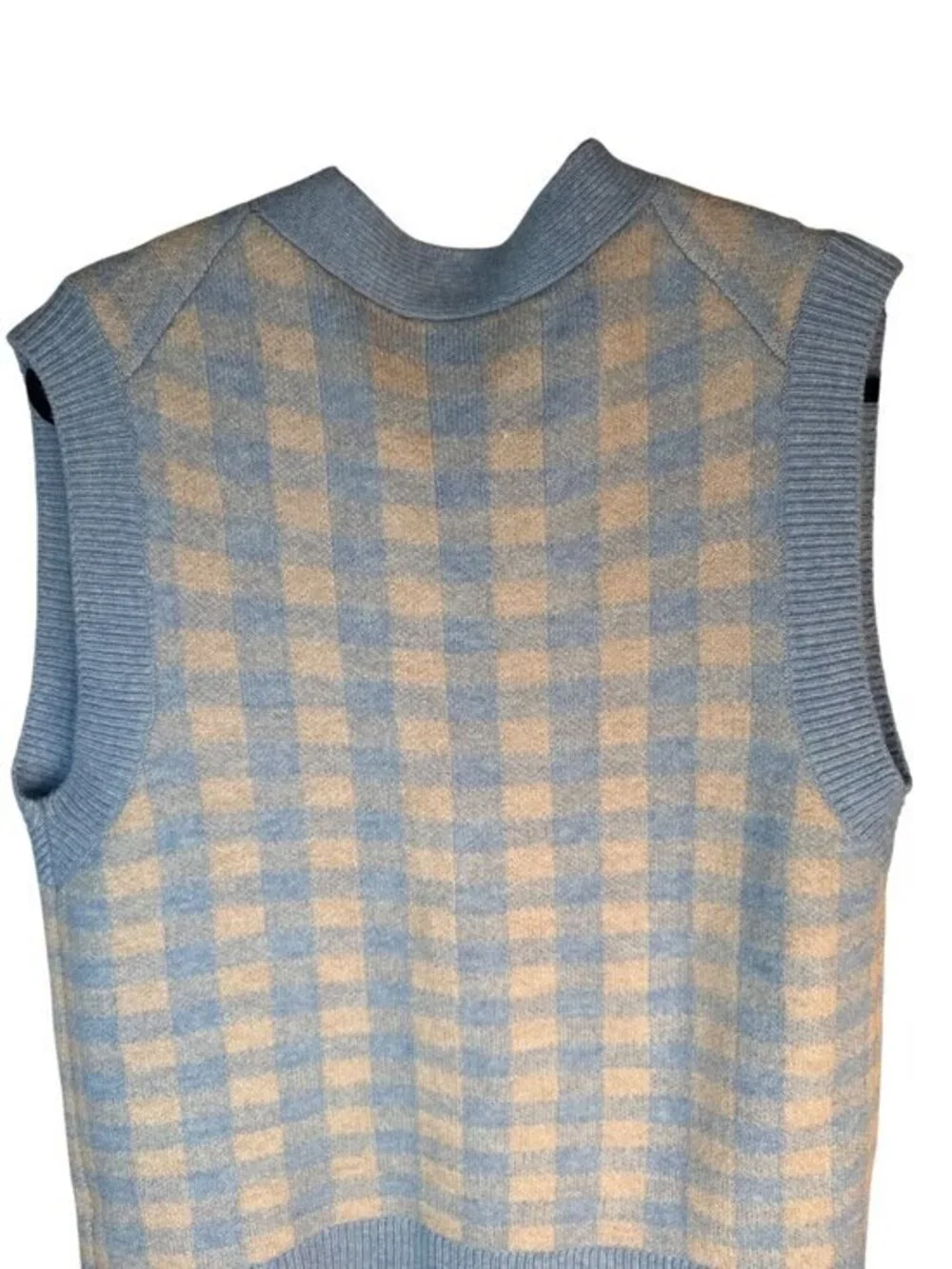 2/$30 ZARA Size Small Light Blue & Cream Gingham Knit Cardigan Vest S Polyester